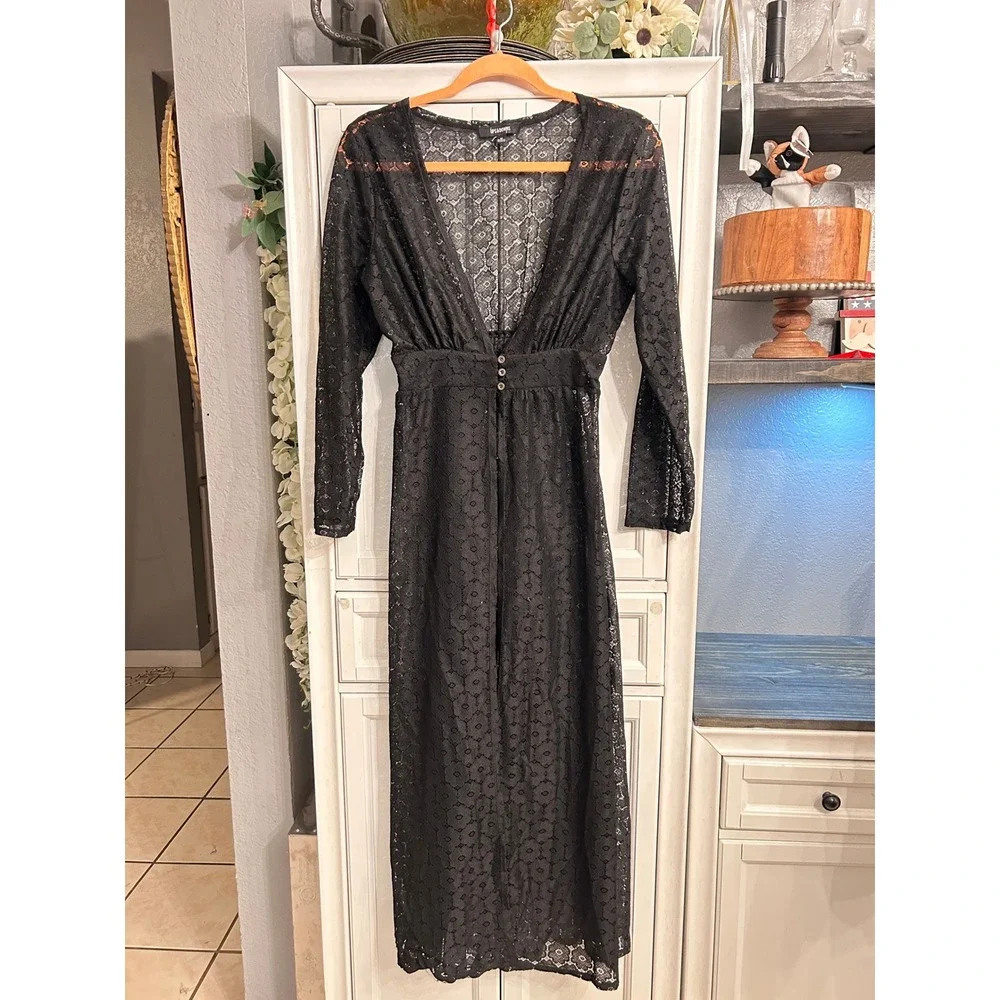 Black Sheer Lace Duster Maxi Cardigan Long Sleeve Beach Cover up